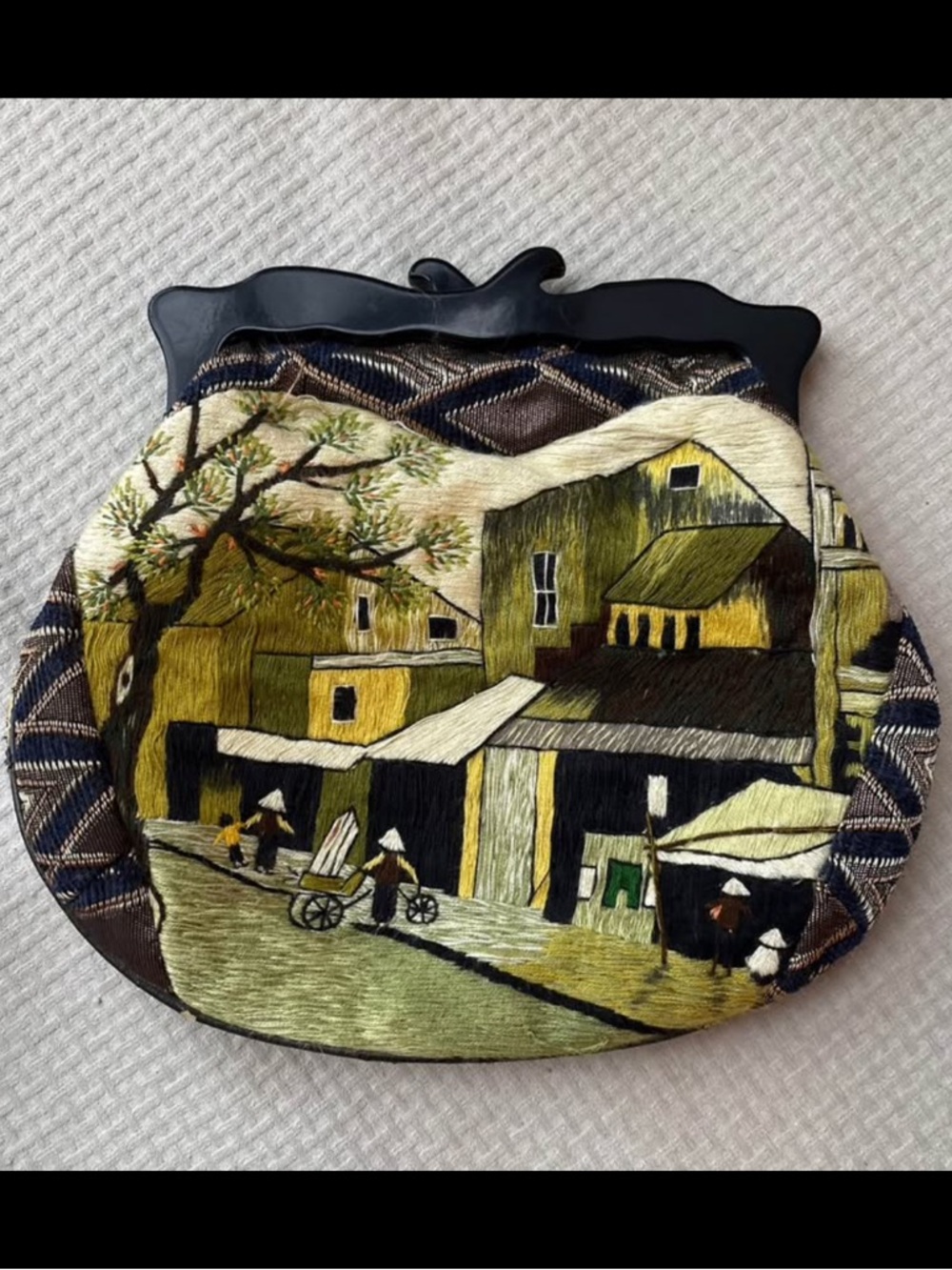 Anthropologie Embroidered Village Scene Frame-Top clutch in Olive & Black
